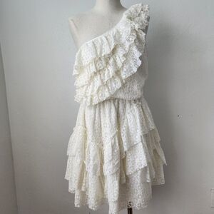New Chelsea & Violet One Shoulder Tiered Ivory Ruffle Dress Medium